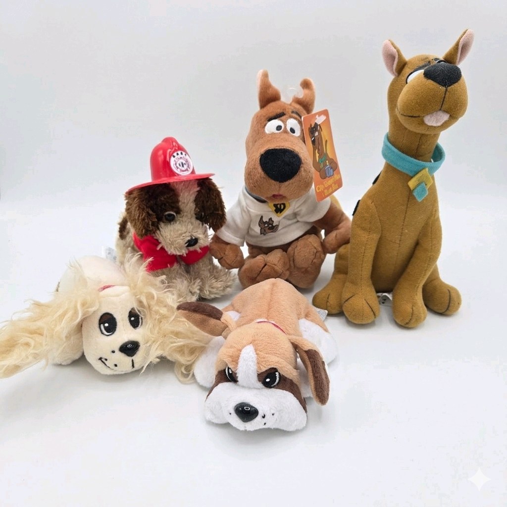 Lot 5pc Dog Plush Toys - Scooby-Doo Plush, Firefighter Dog, Pound Puppies PP Dog Plush