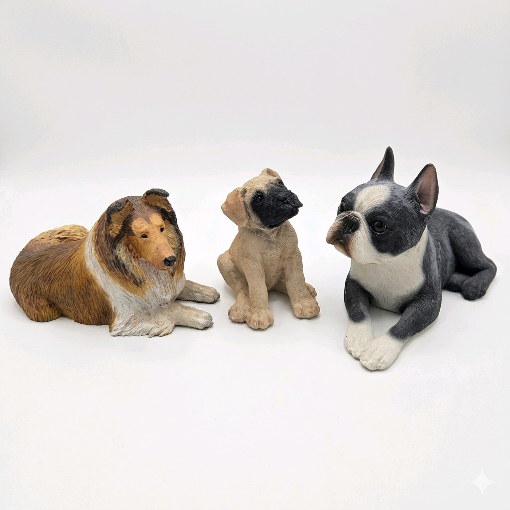 3 Dog Figurines Sandicast Boston Terrier Living Stone Great Dane Pup Collie Sheltie