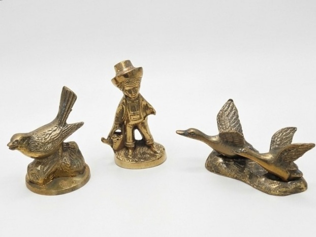 Brass Tone Country Decor Lot Bird Figurine, Farmer Statue, Flying Ducks Geese - 3 Pc