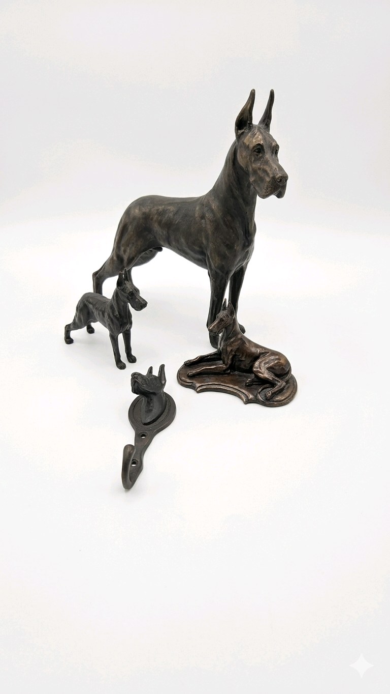 Great Dane Collector Lot - Large Standing Great Dane Statue, Small Standing Great Dane Figurine, Reclining Dog Figure, Wall Hook Decor