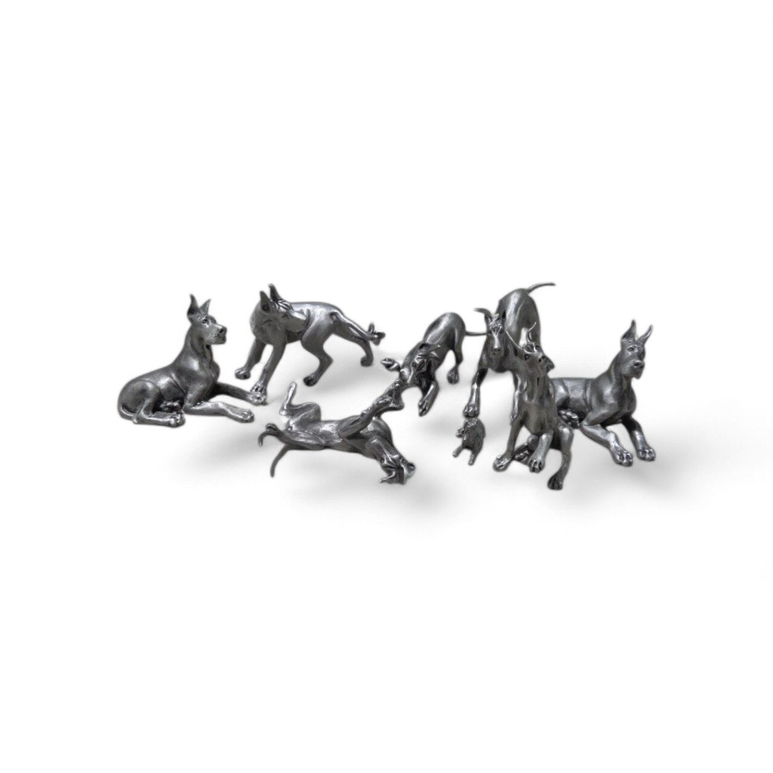 8 Piece Metal Pewter Dog Figurine Lot - Multiple Great Dane Sculptures Variety of Sizes