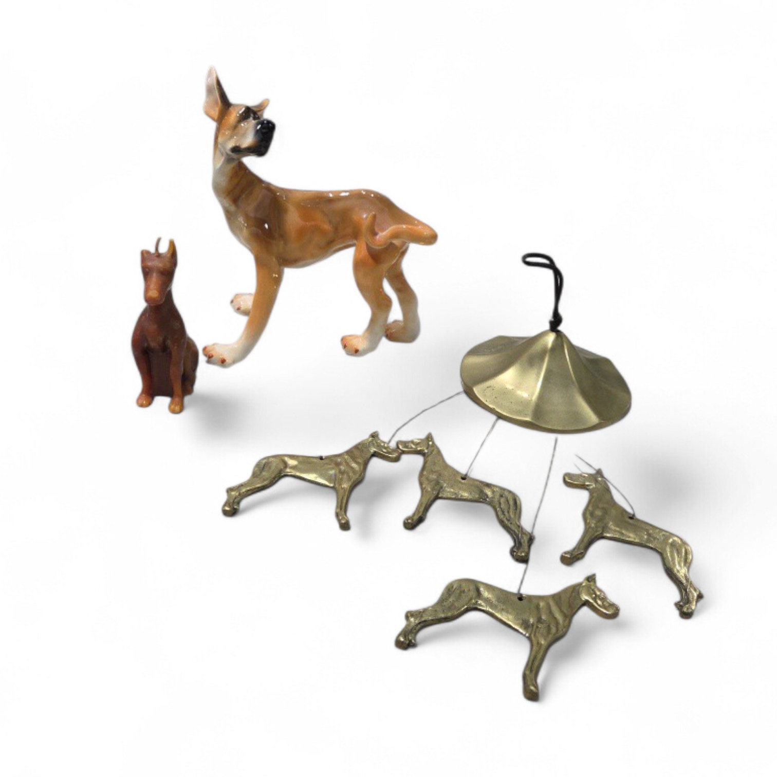 Great Dane Dog Decor Lot Ceramic Dog Figurines, Brass Hanging Mobile, Doberman Style Candle