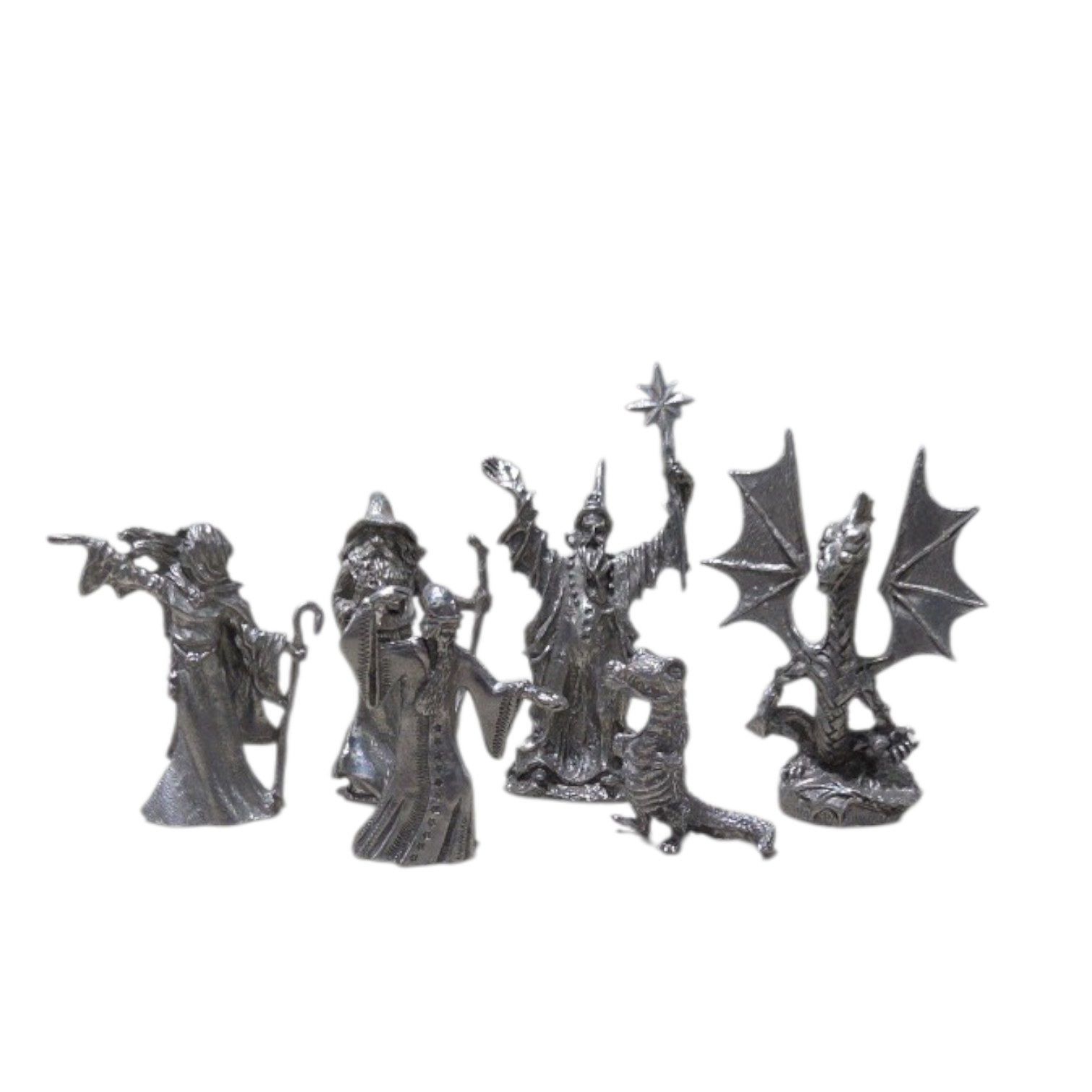 Fantasy Mini Figure Lot Winged Dragon Wizard Mage Sorcerer 6 Pc Silver Tone