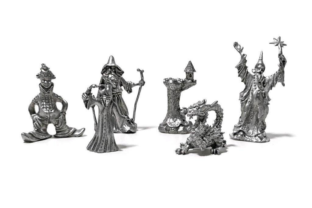 6 Pc Silver Tone Fantasy Miniature Lot Dragon Wizards Mage Sorcerer Tower