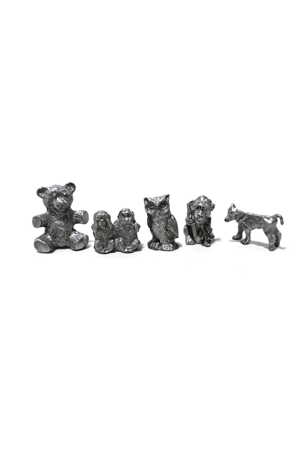 Silver Tone Mini Figurines 5 Pc Owl Bear Monkeys cow  Animal Lot