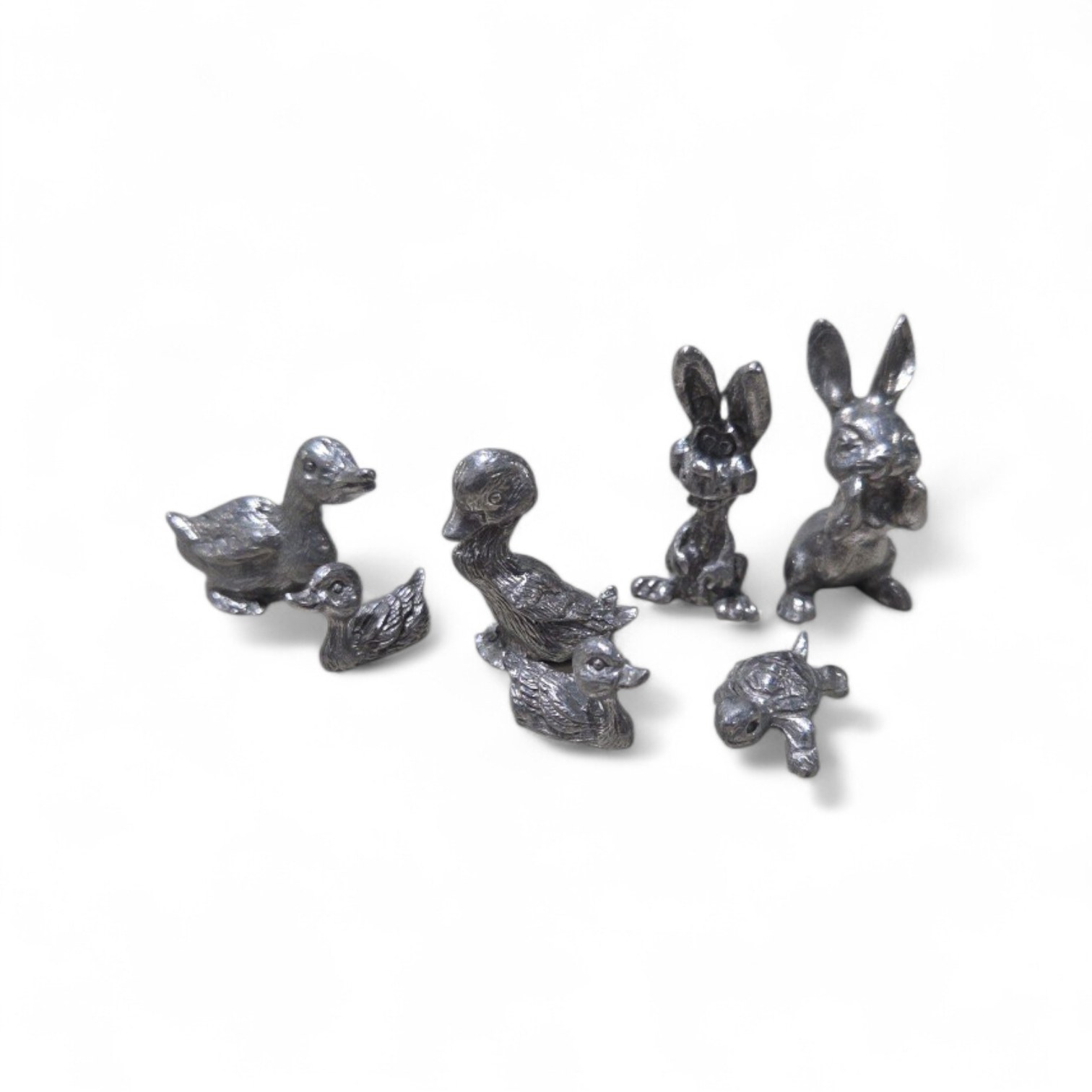 7 Pc Silver Tone Mini Animal Figurine Lot Ducks Ducklings Rabbits Bunny Turtle