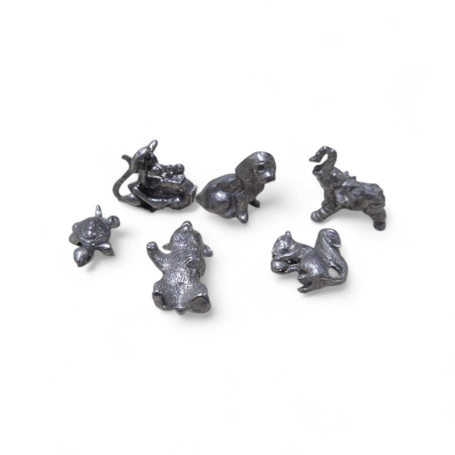 6 Pc Silver Tone Mini Animal Figurine Lot Squirrel, Turtle, Dog, Elephant, Bear, Mouse