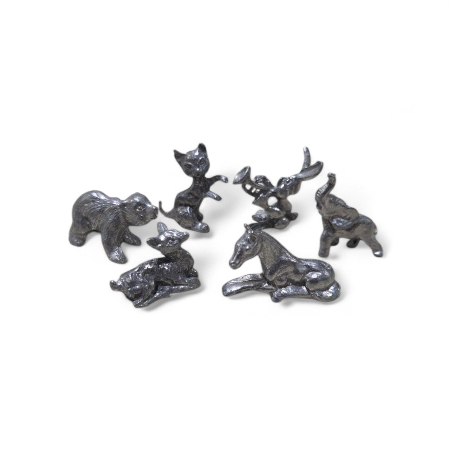 Vintage Style Silver Tone Mini Animal Figurines Lot 6 - Bear, Cat, Elephant, Deer, Horse, Bunny Rabbit