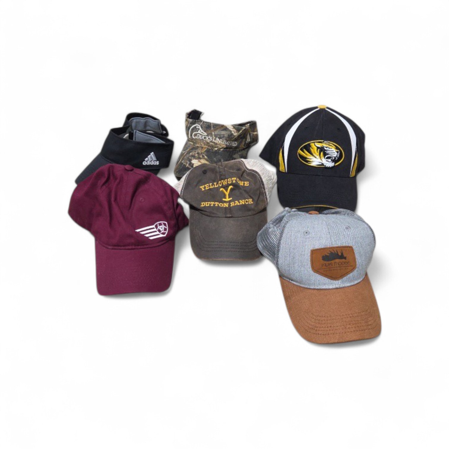 Lot of 4 Snapback Hats and 2 Visor - Adidas, Ariat, Mizzou, Yellowstone, and More