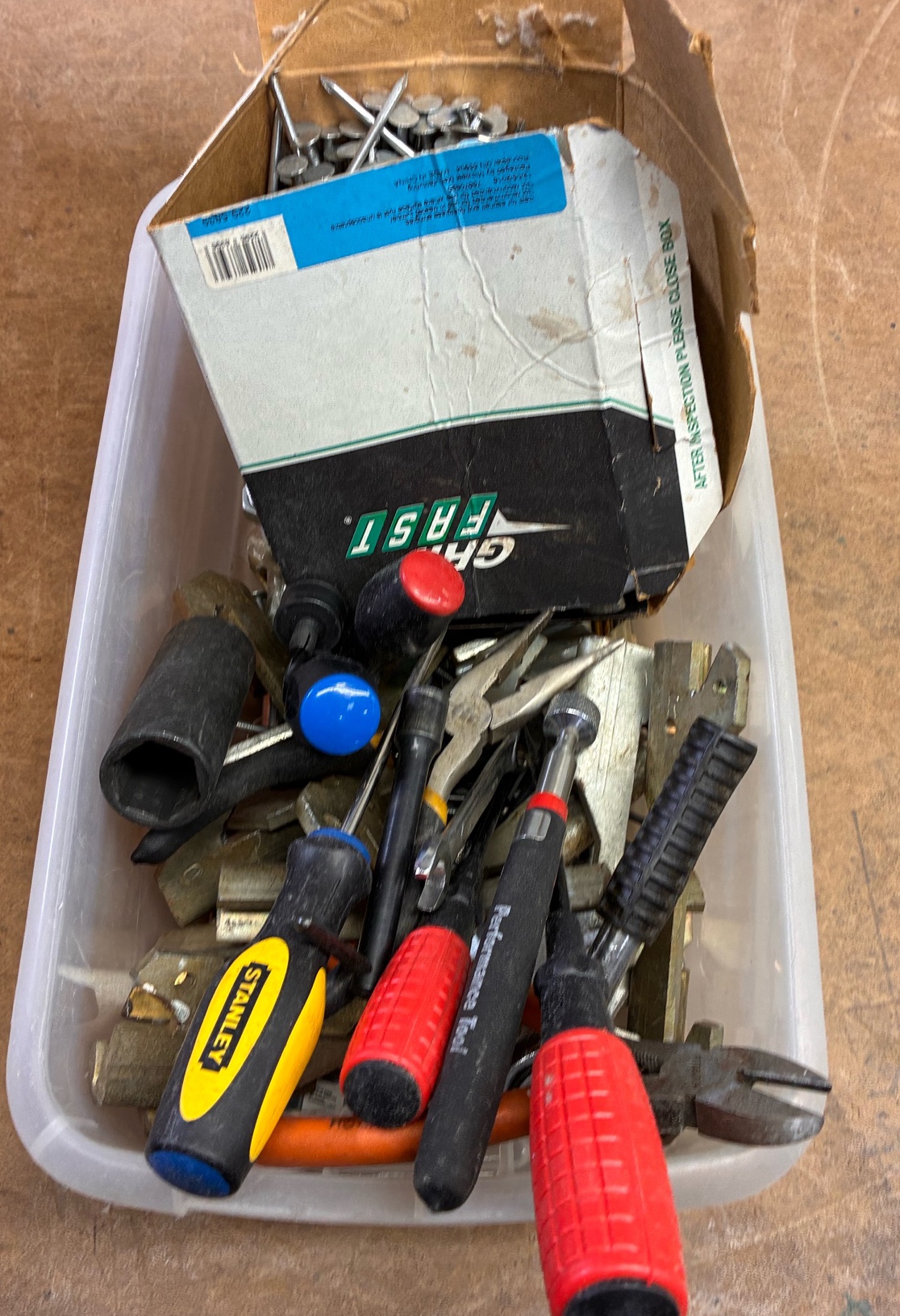 Box of misc parts tools nails