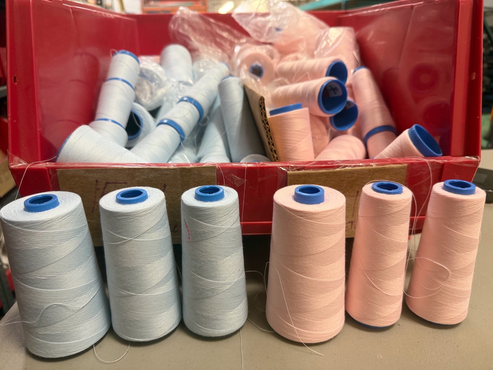 Bucket of serger threads