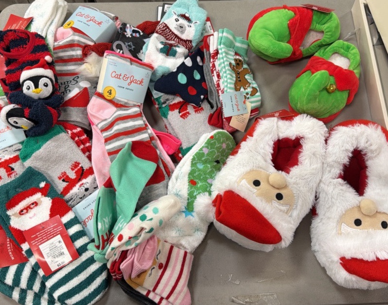 assorted Christmas socks and slippers