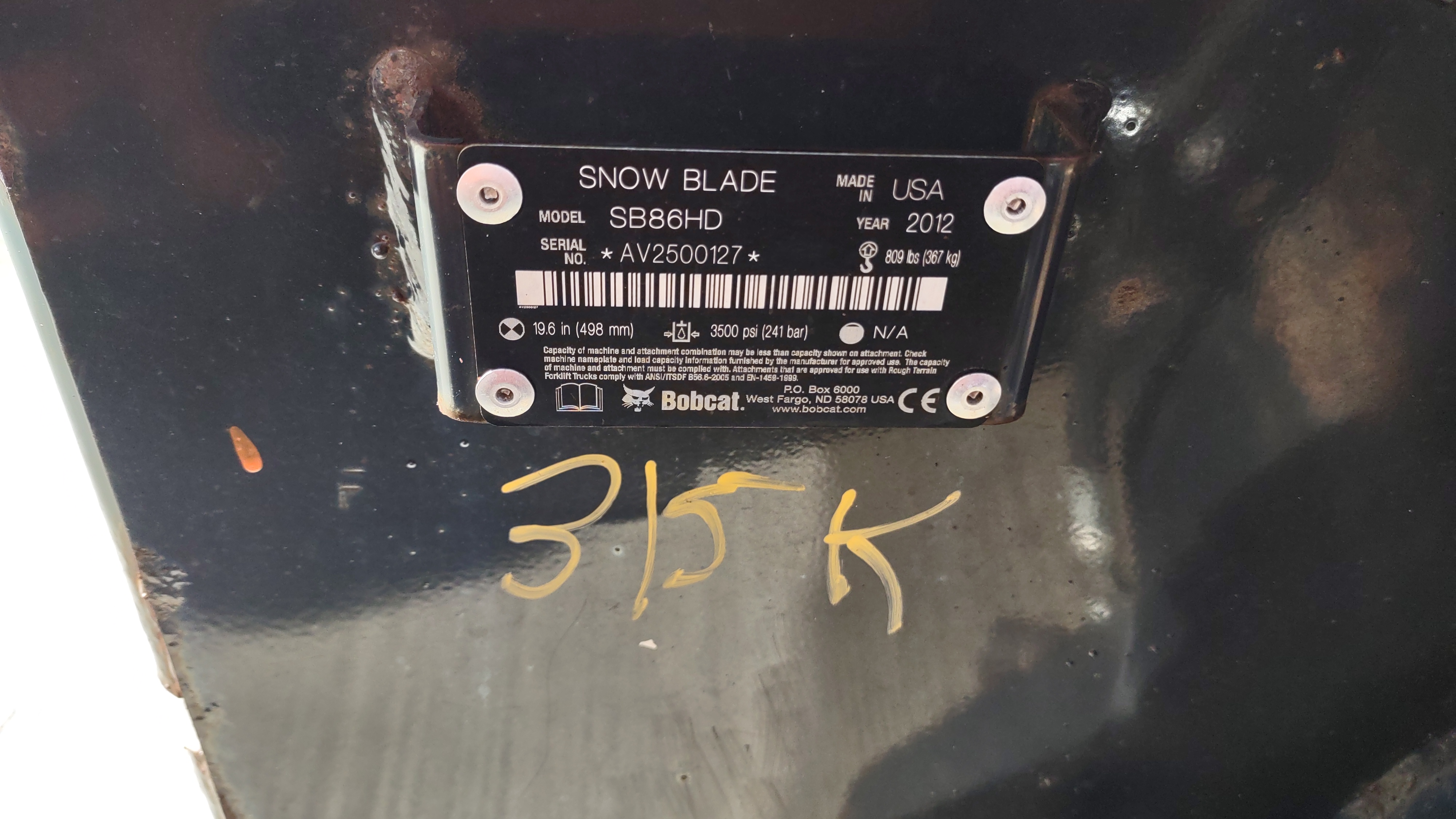 2012 Bobcat 86 Snow Blade Attachment