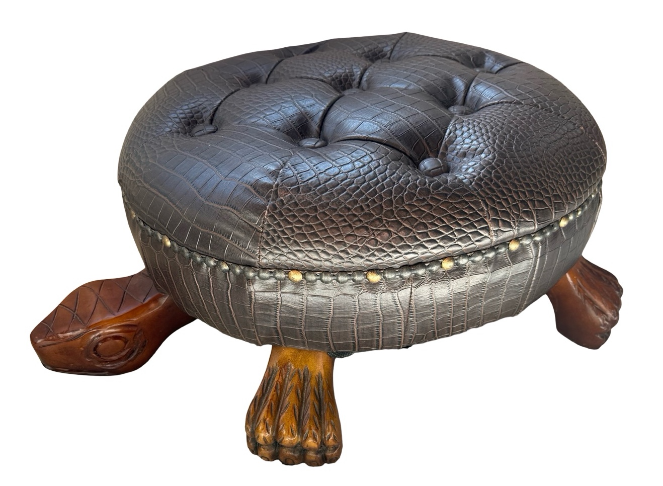 Vintage Hand Carved Wood & Leather Turtle Ottoman Stool