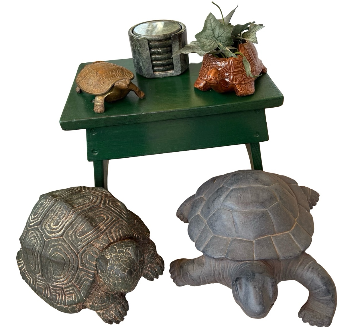 Turtle StatuesFigurines, Green Painted Stool & Green Marble Coasters