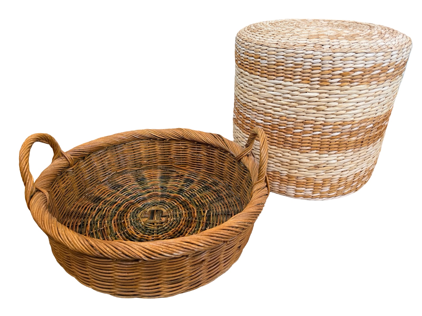 Round Wicker Ottoman & Wicker Basket