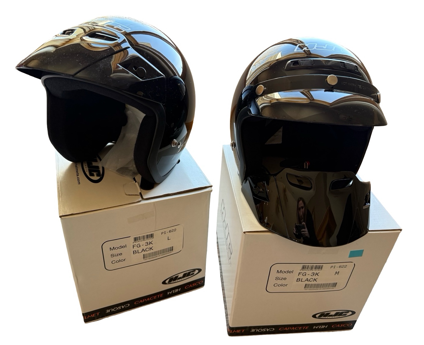 Two HJC Motorcycle Helmets - Size M and Size L