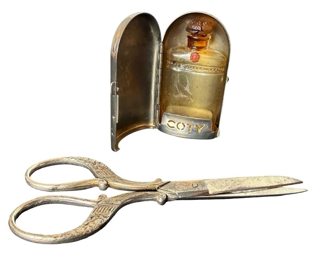 Vintage 1920s Coty Metal Purse Perfume Casket & Ornate Sewing Scissors