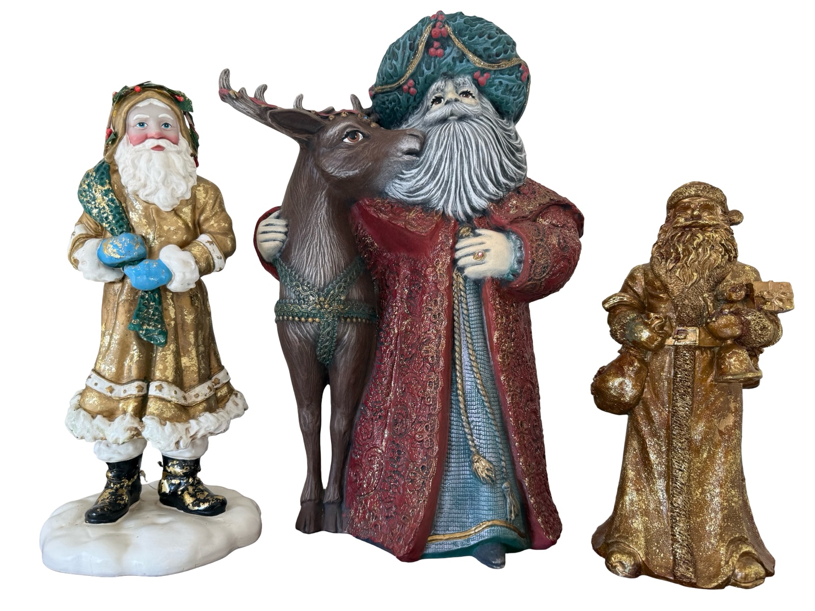 Three Santa Figurines - Gold, Reds & Greens