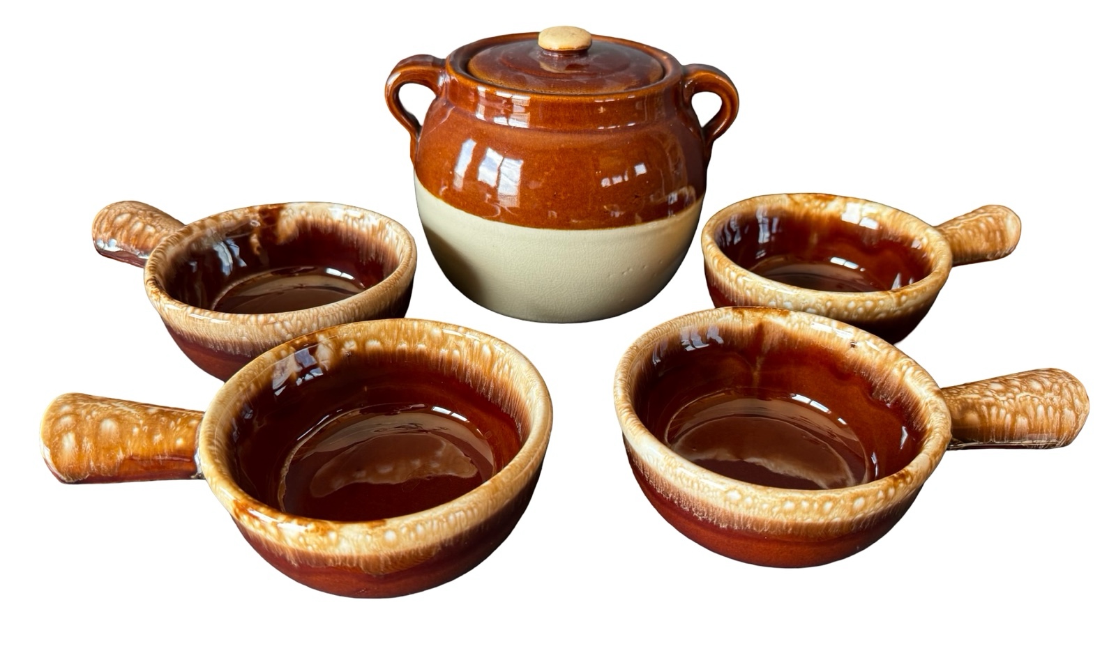 Set of 4 McCoy Brown Bowls and Vintage Brown Ceramic Bean Pot