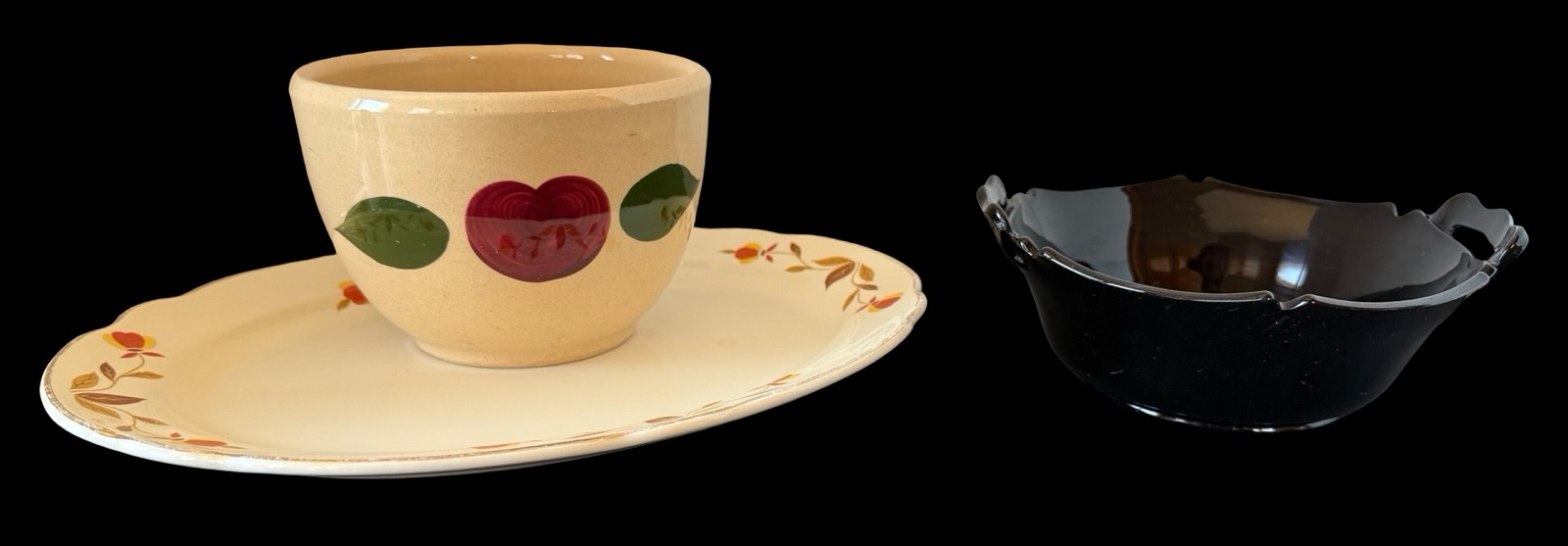 Watt Ovenware Mixing Bowl, Hall Autumn Leaf Platter & Black Glass Bowl