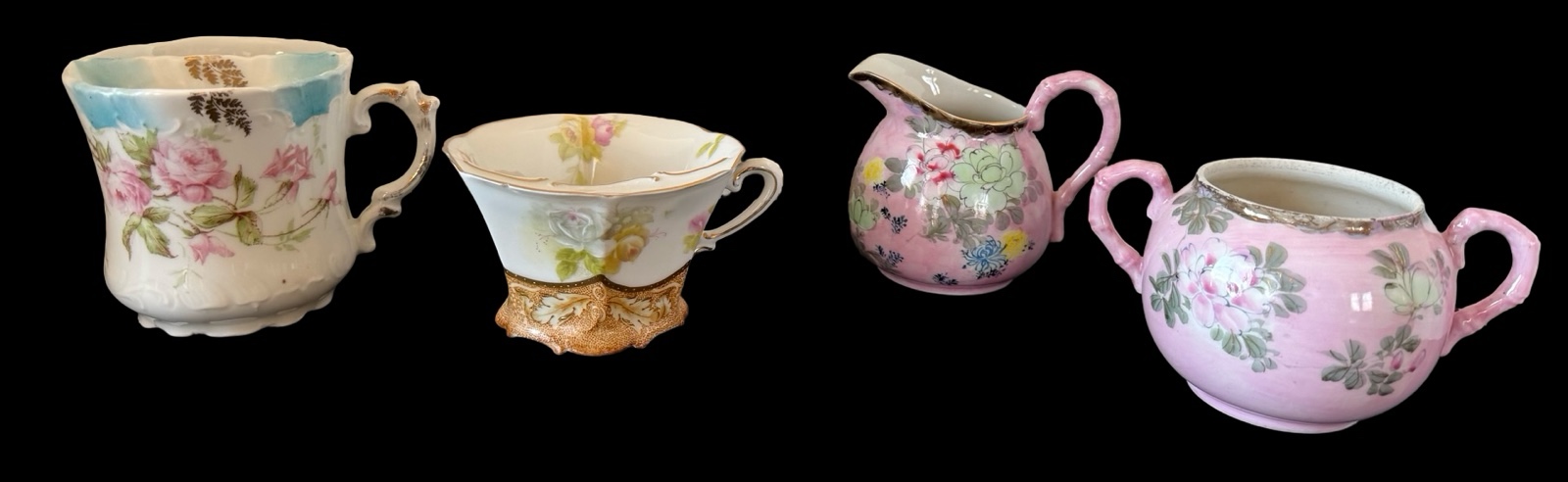 Vintage Pink Creamer & Sugar Set and Two Mustache Coffee Cups