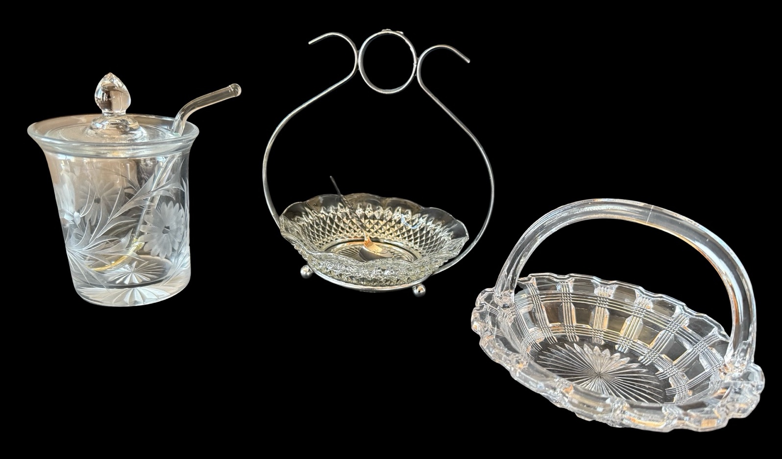 Vintage Condiment Dish, Condiment Jar & Small Glass Basket