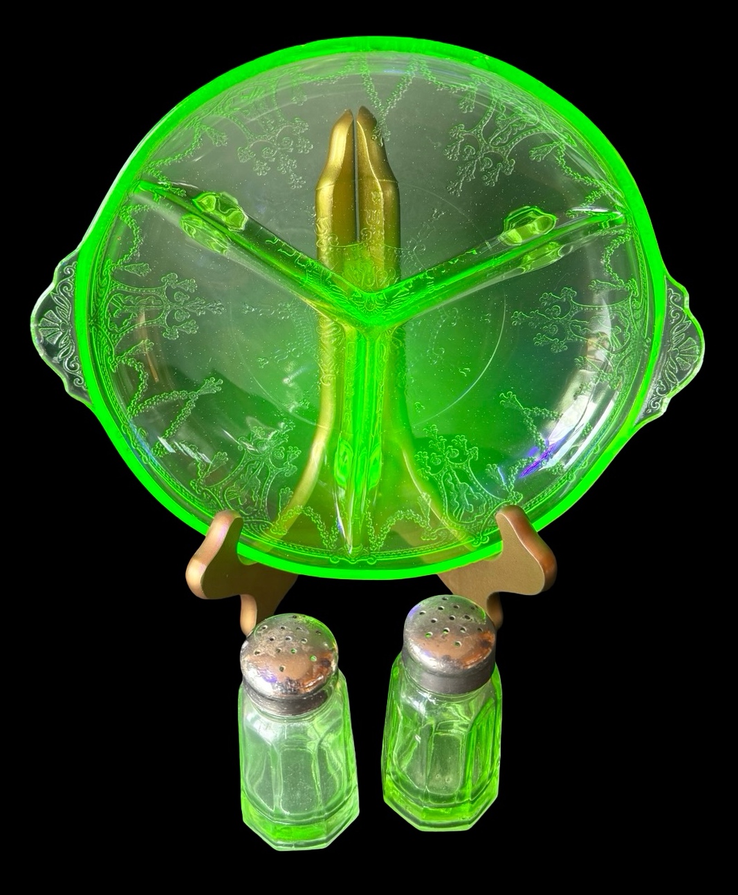 Vaseline Glass Relish Platter & Salt and Pepper Shakers