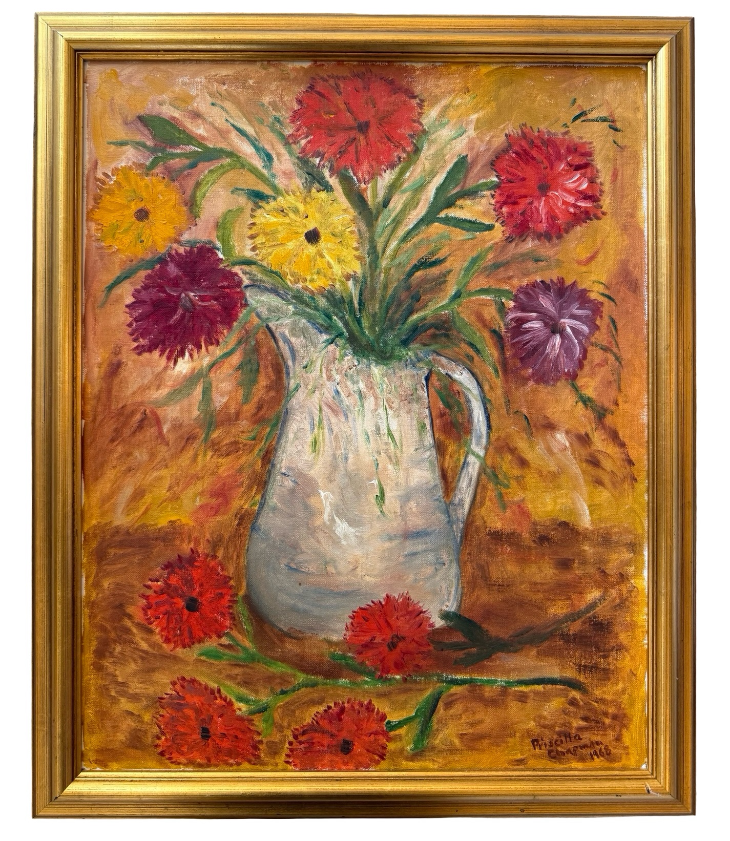 Still Life Painting of Water Pitcher & Colorful Flowers