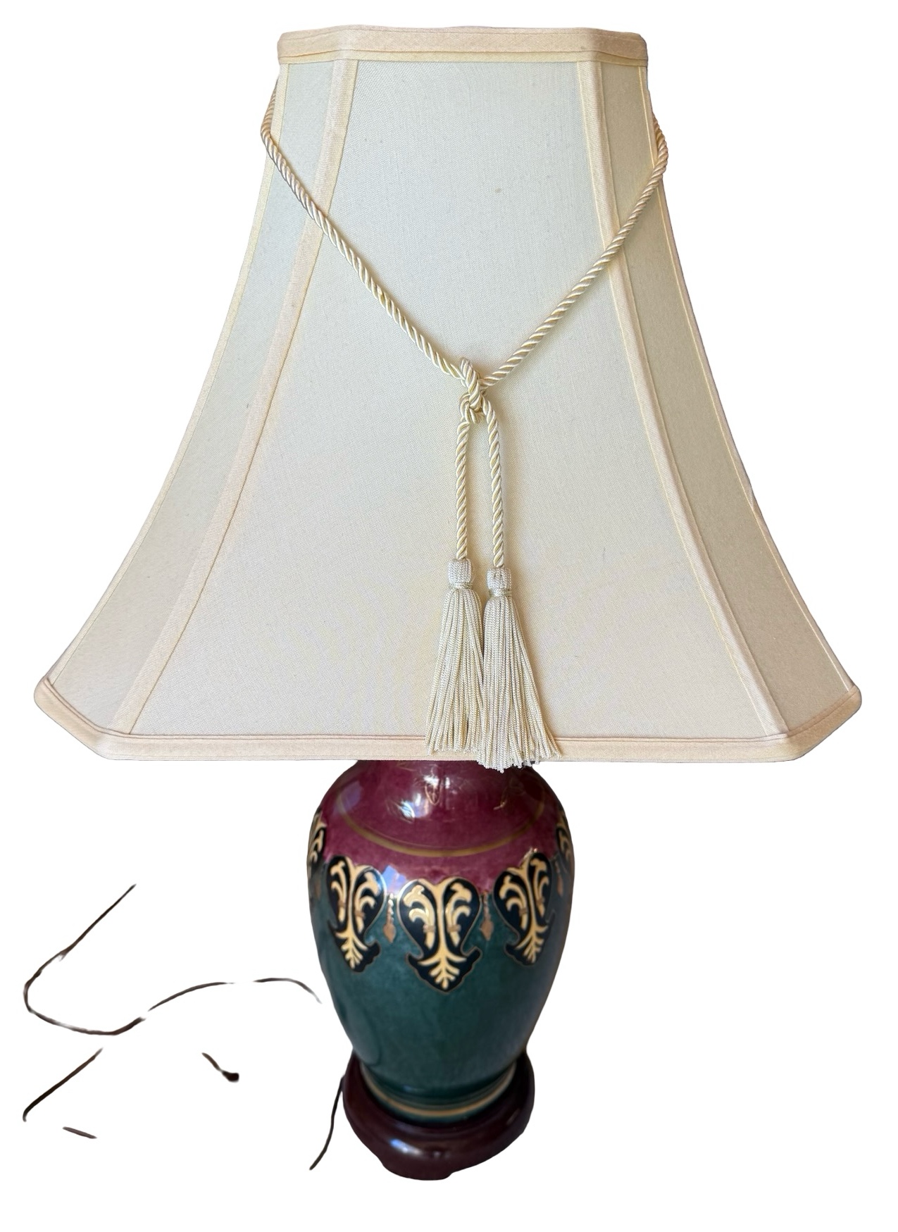 Burgundy and Green Painted Porcelain Table Lamp