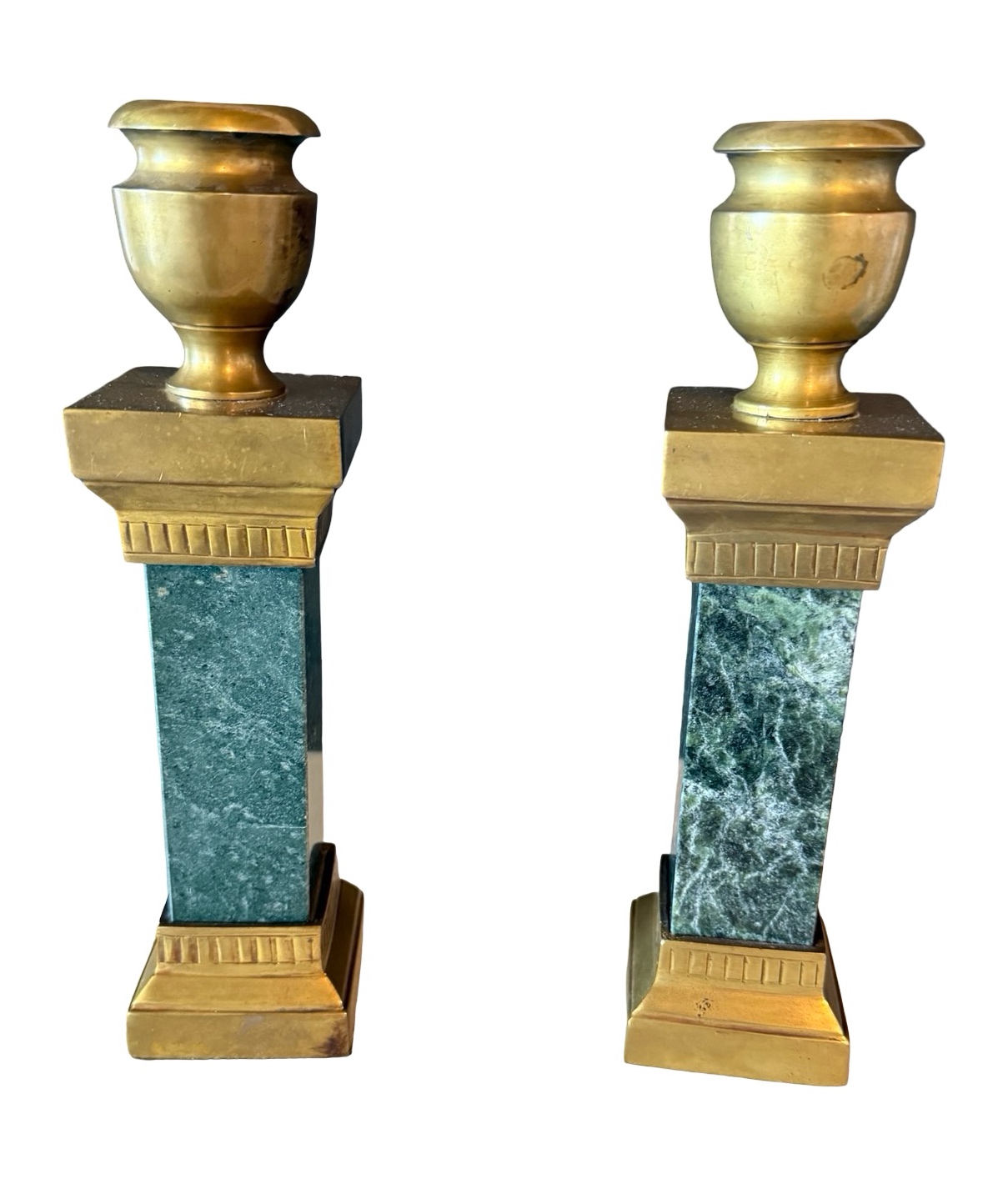 Pair of Green Marble & Brass Candle Holders
