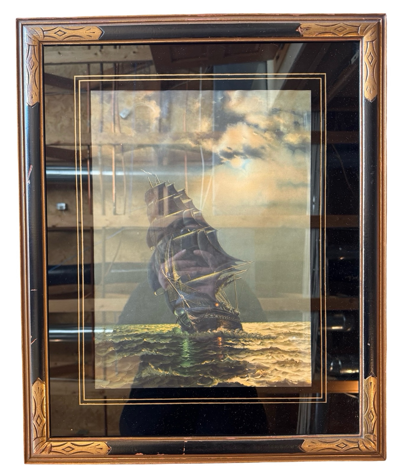 Antique Framed Gordan Grant LithographPrint - USS Constitution Seascape Art