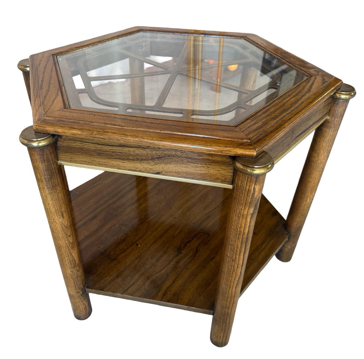 Vintage Hexagonal Walnut End Table with Glass Top & Metal Accents