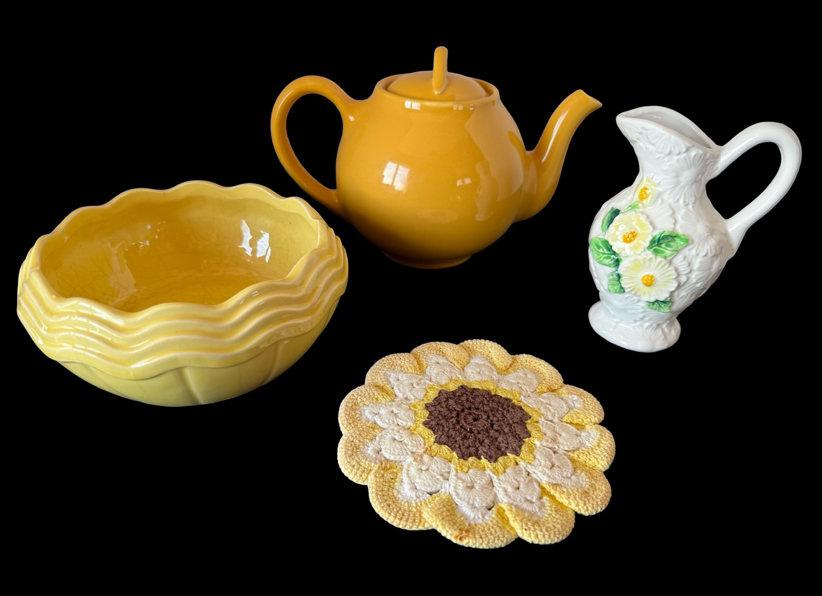 Yellow Accent Dishes - Lipton Tea Teapot, McCoy Dish, Daisy Pitcher & Sunflower Doily