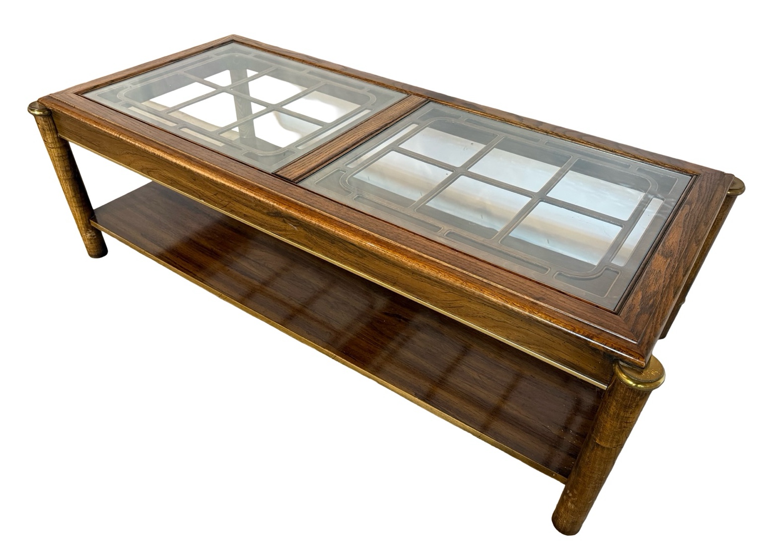 Vintage Walnut Coffee Table with Glass Top & Metal Accents