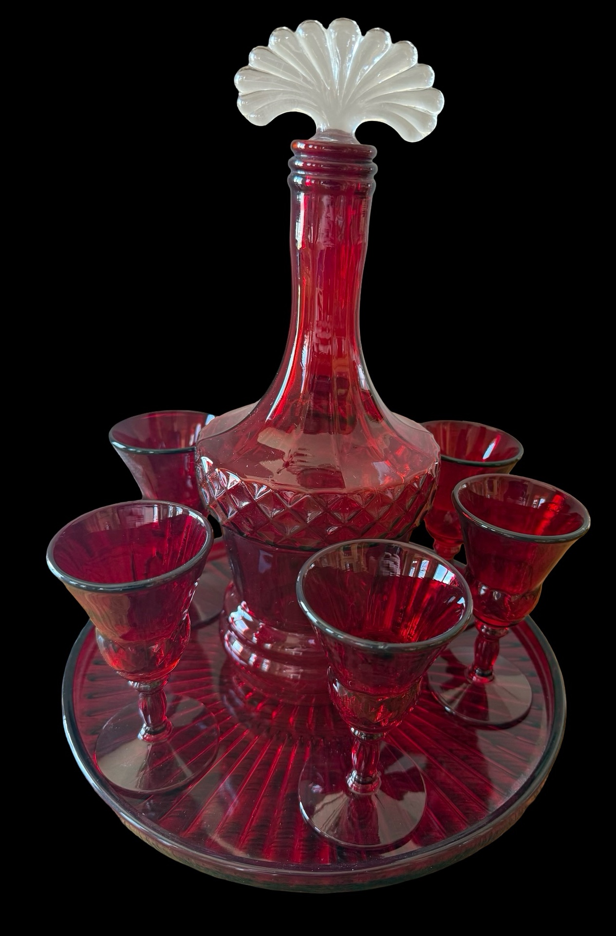 Ruby Red Decanter, Tray & 6 Matching Drinking Glasses