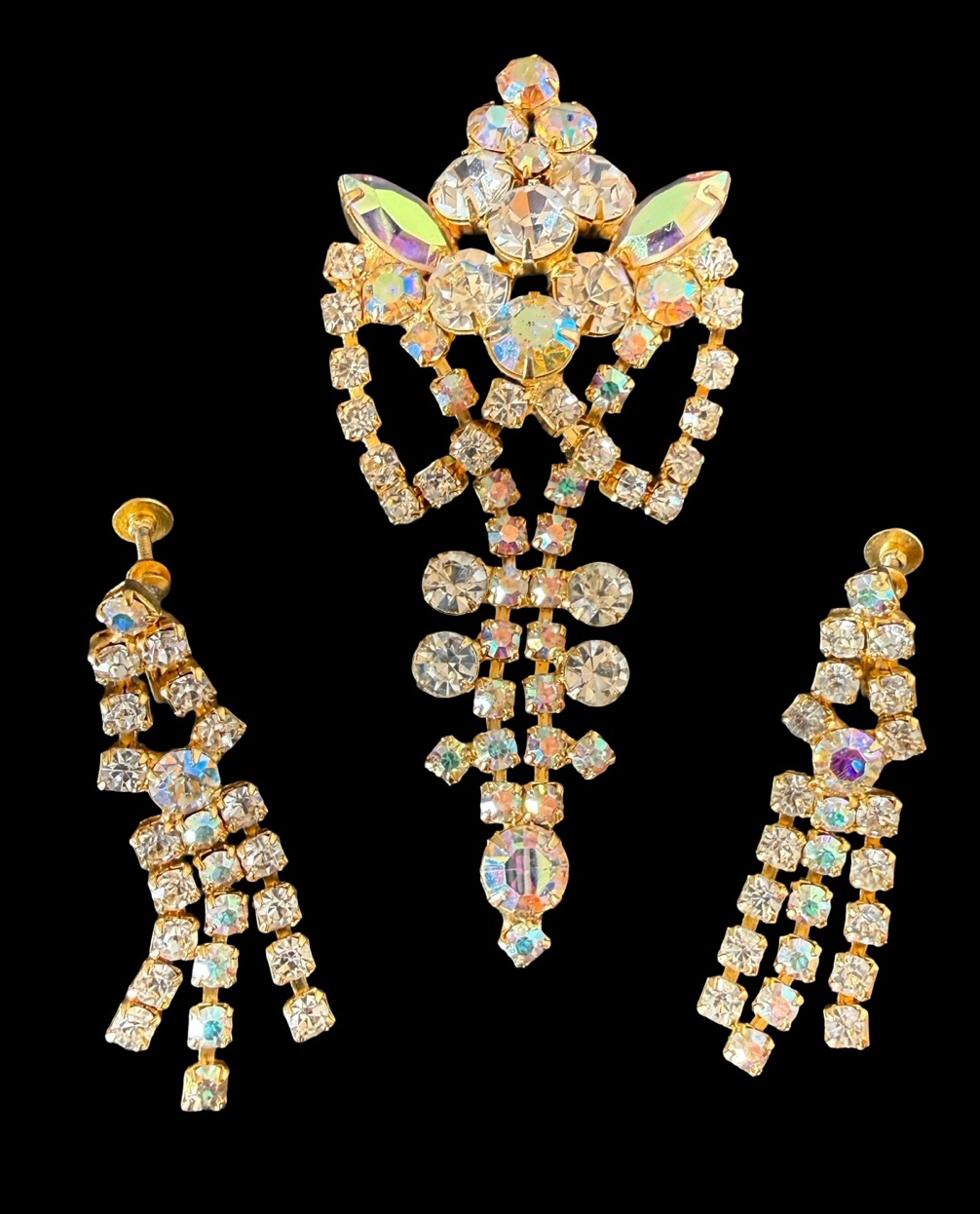 Rhinestone Chandelier Style Brooch & Earring Set