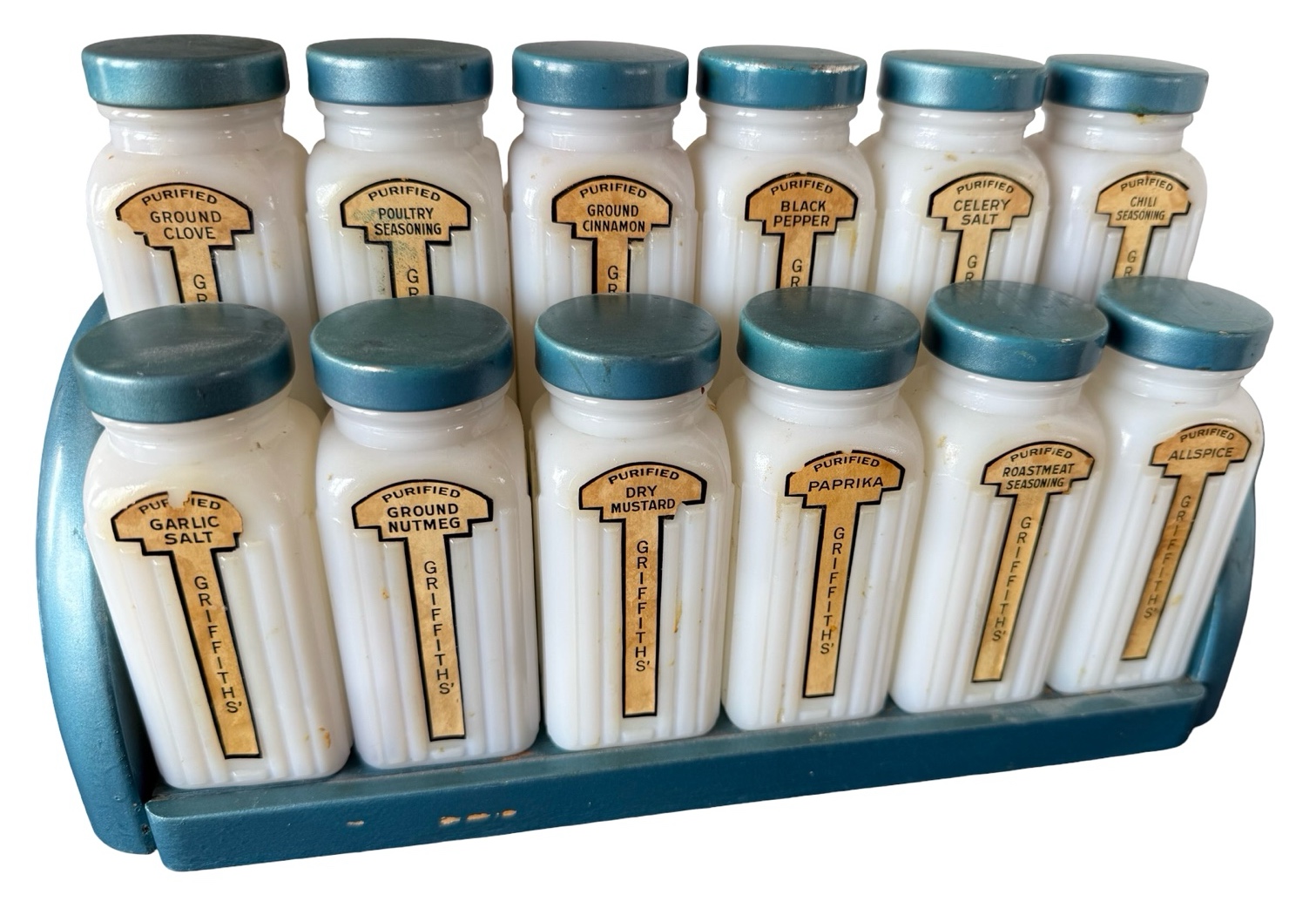 Vintage Griffiths Laboratories Milk Glass Spice Jars on Stand