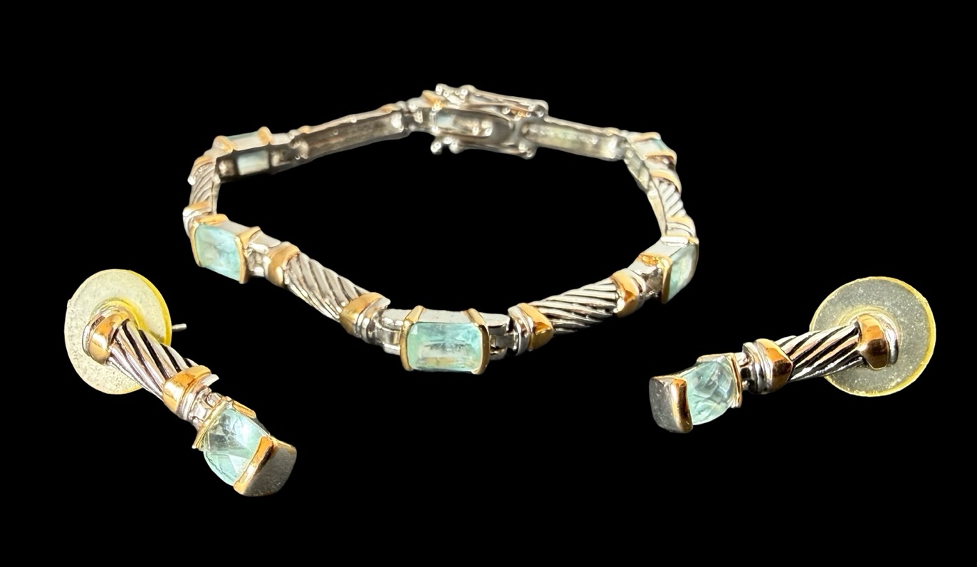 Vintage Twisted Cable Renaissance Revival Style Blue Topaz Bracelet & Earrings