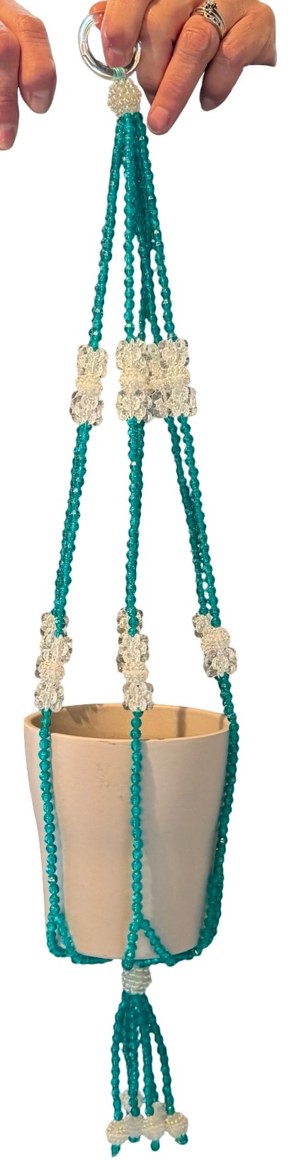 Vintage Blue & Clear Beaded Hanging Planter Holder