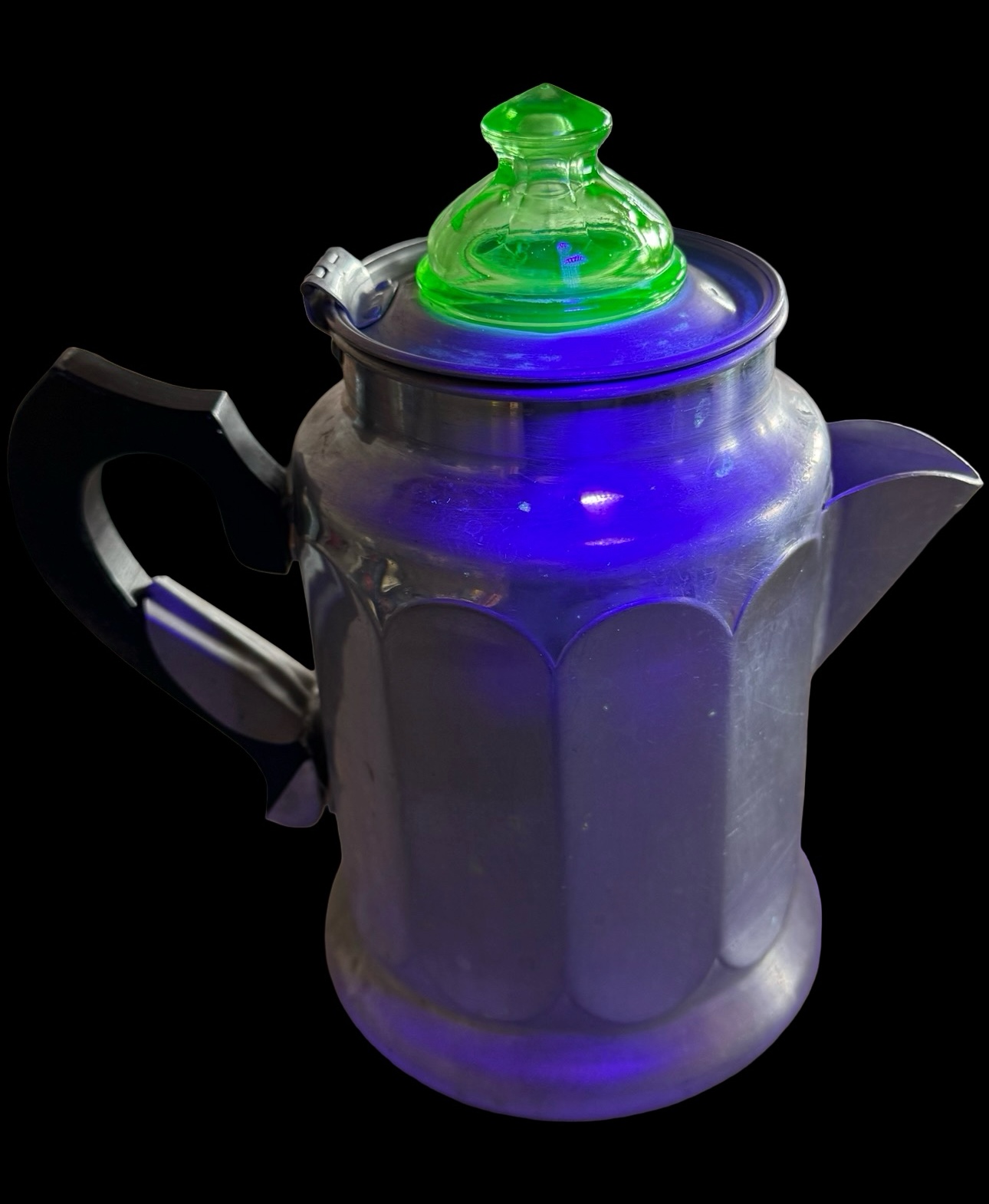 Antique Enamelware Percolator Coffee Pot Featuring A Uranium Glass Knob