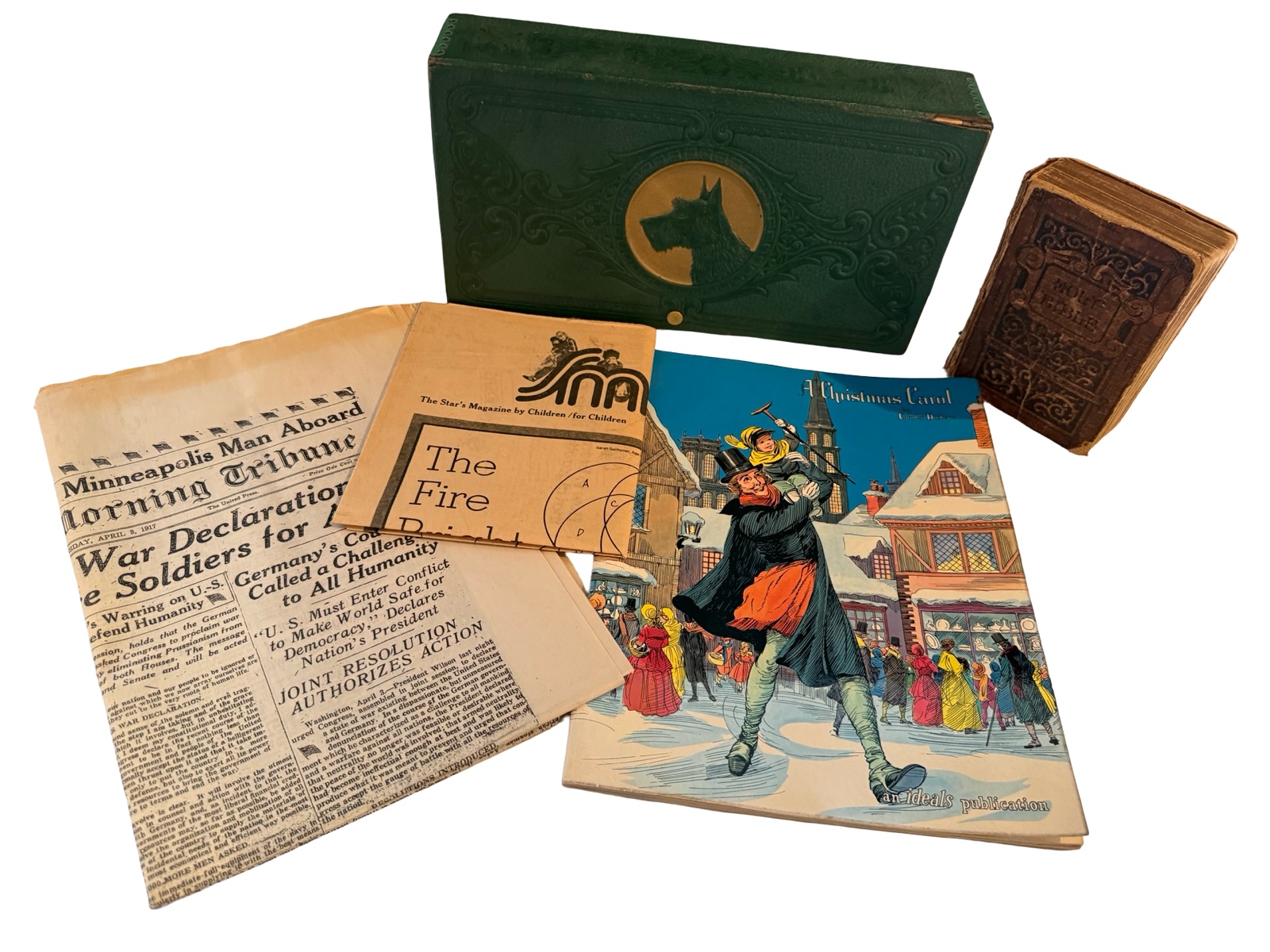 Collectible Box, Vintage Newspapers, Antique Holy Bible & A Christmas Carol Book