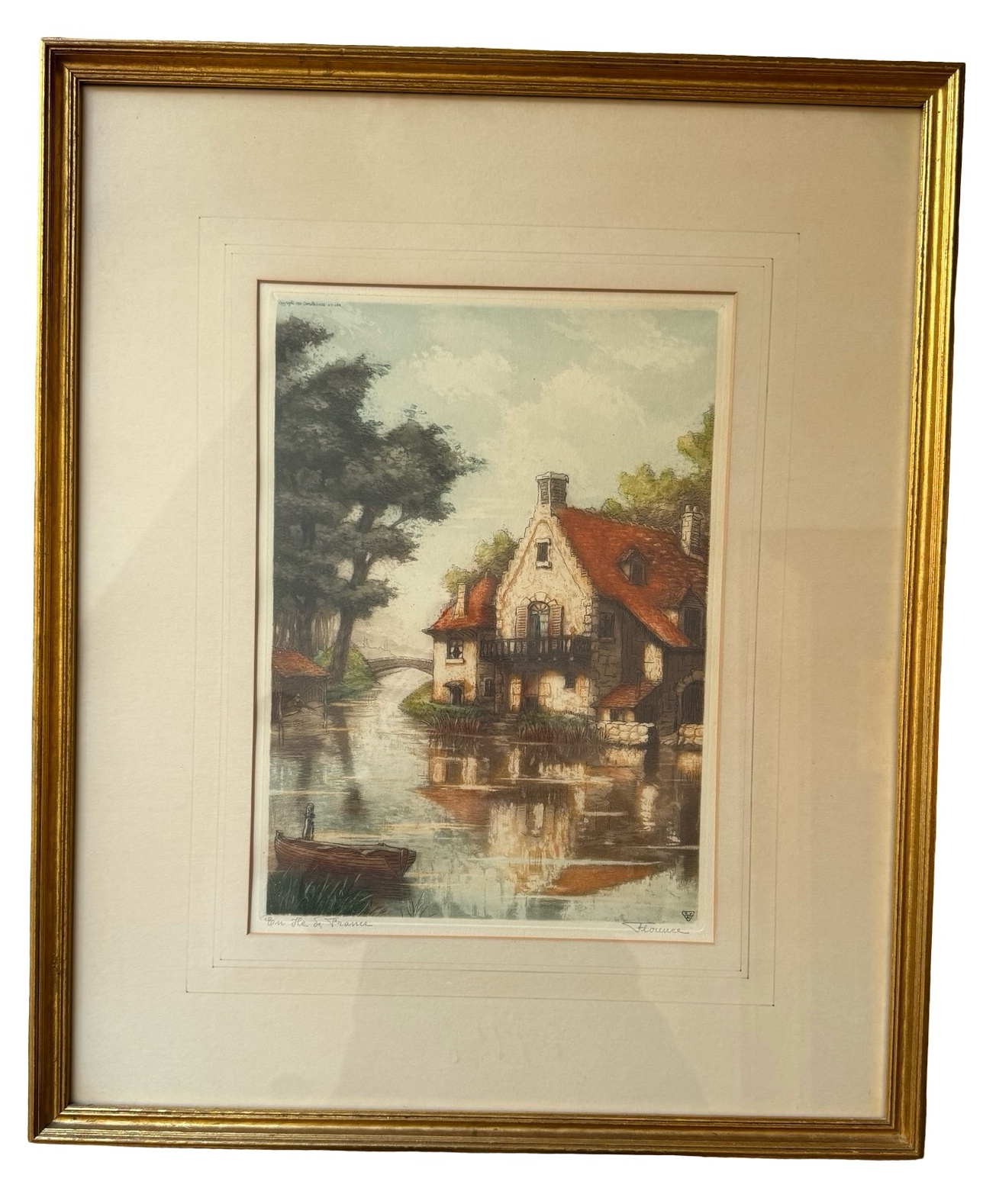 Island in France Vintage Framed Etching - Signed by Florence