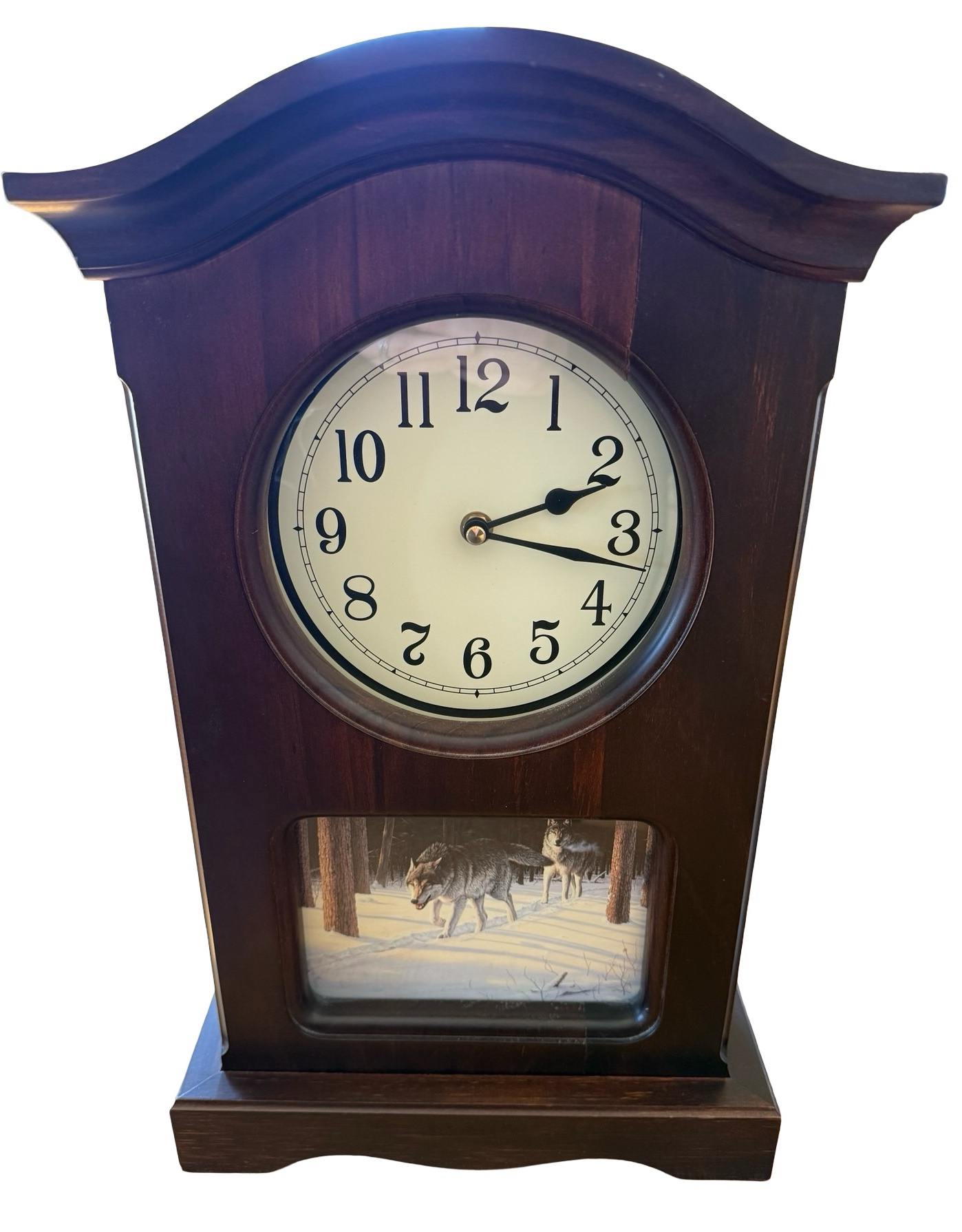 Wooden Mantel Clock Featuring A Wolf Themed Scene
