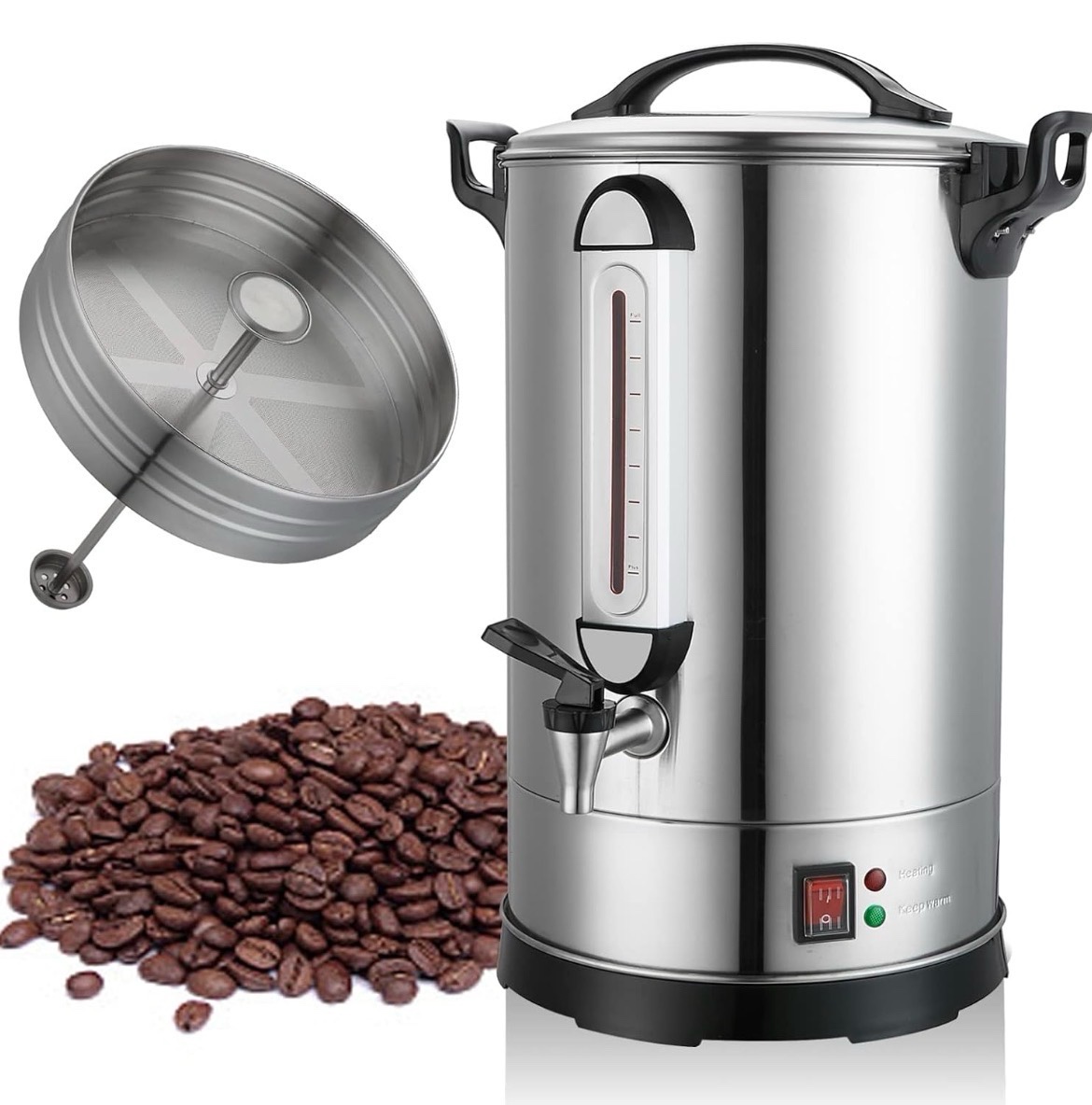 Commercial Coffee Maker 100 Cup Coffee Urn Hot Beverage Dispenser 4 Gallon Retail $120  16L Large Coffee Urn Dual Layers 304 Stainless Steel 1300W Fast Brew Percolator For Business, Catering, Church commercial Broken Handle on one side - model  ML  16C2