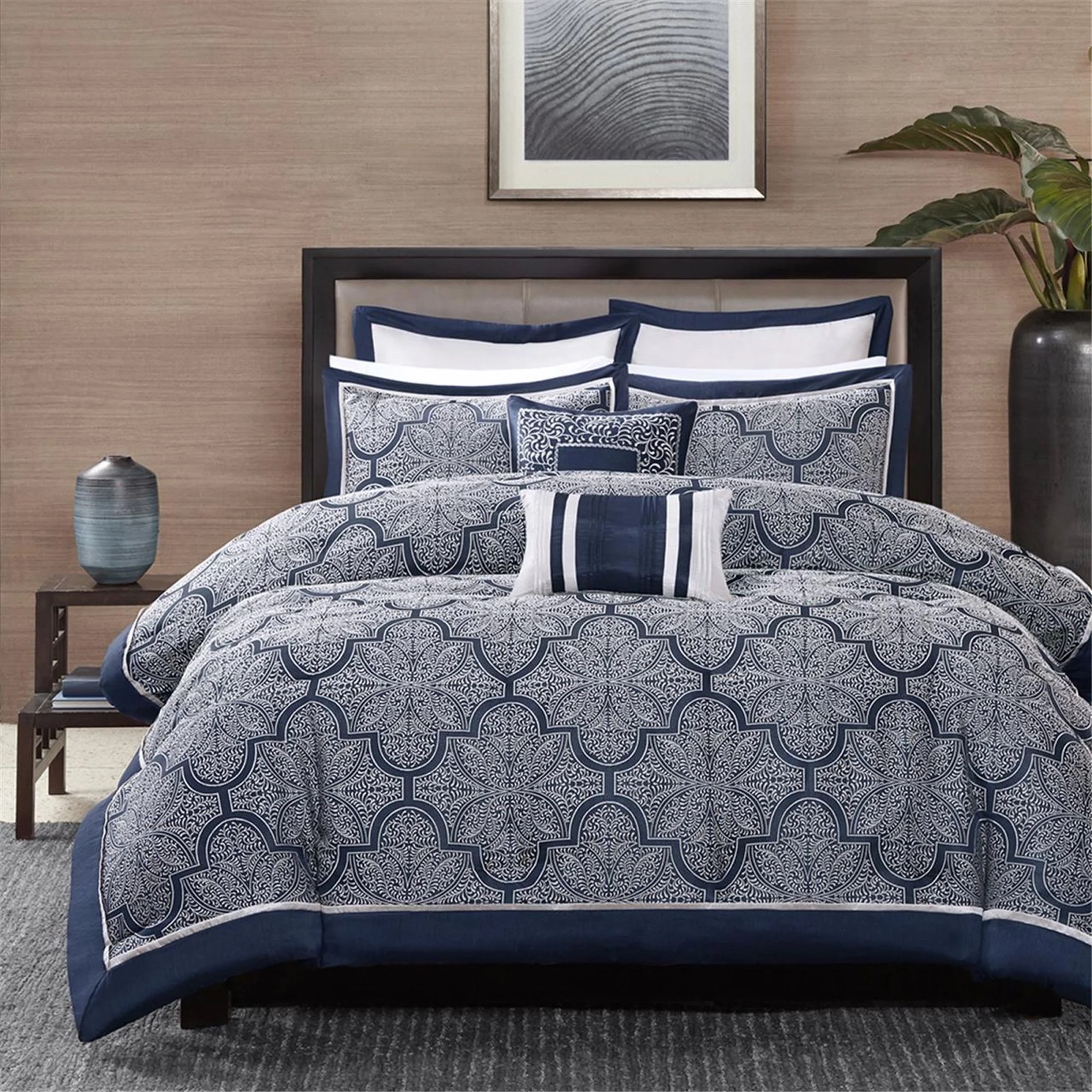 Madison Park King Comforter 8-Piece Set, One Comforter Two Shams Two Euro Shams, One Bed Skirt, Two Decorative Pillows Navy and White Pattern - in Original Package