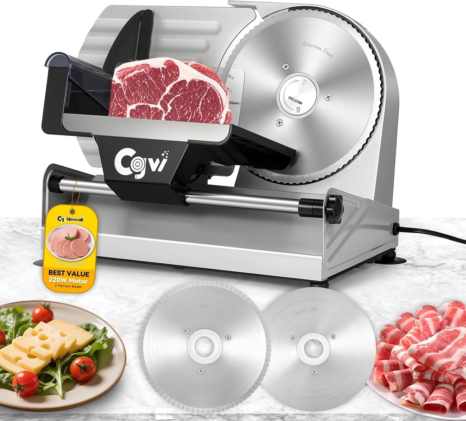 Meat Slicer, 220W Electric Deil Food Slicer with 2 Removable 7.5 Blades, 45 Adjustable Thickness, Food Slicer Machine for Home Cutting Meat Cheese Bread Vegetables, 110V CE