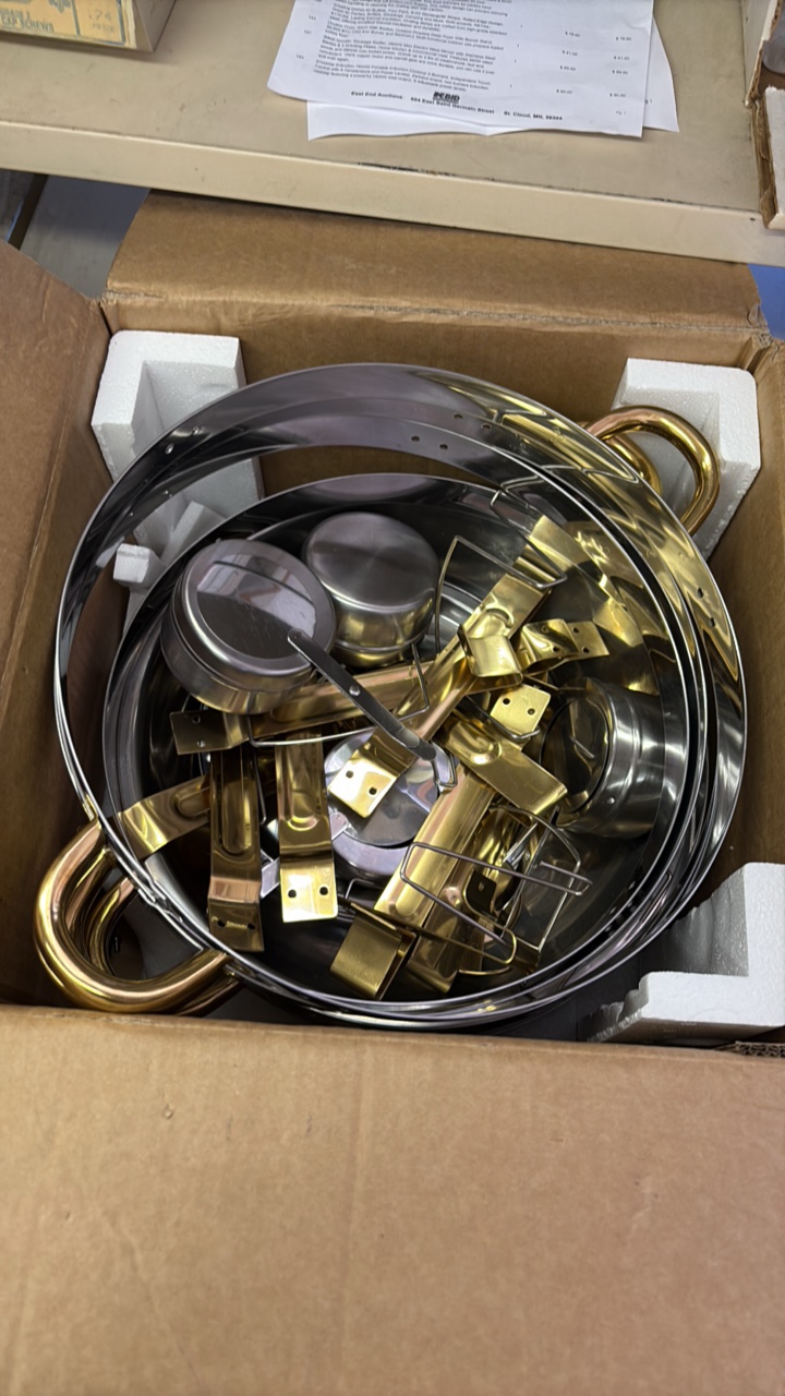 Circular Chafing Dish Set, Four Chafing Stands and Holders, Heat Source Holders Included, Assembly Required, All Parts Appear to be In the Box Silver Color With Gold Colored Accents