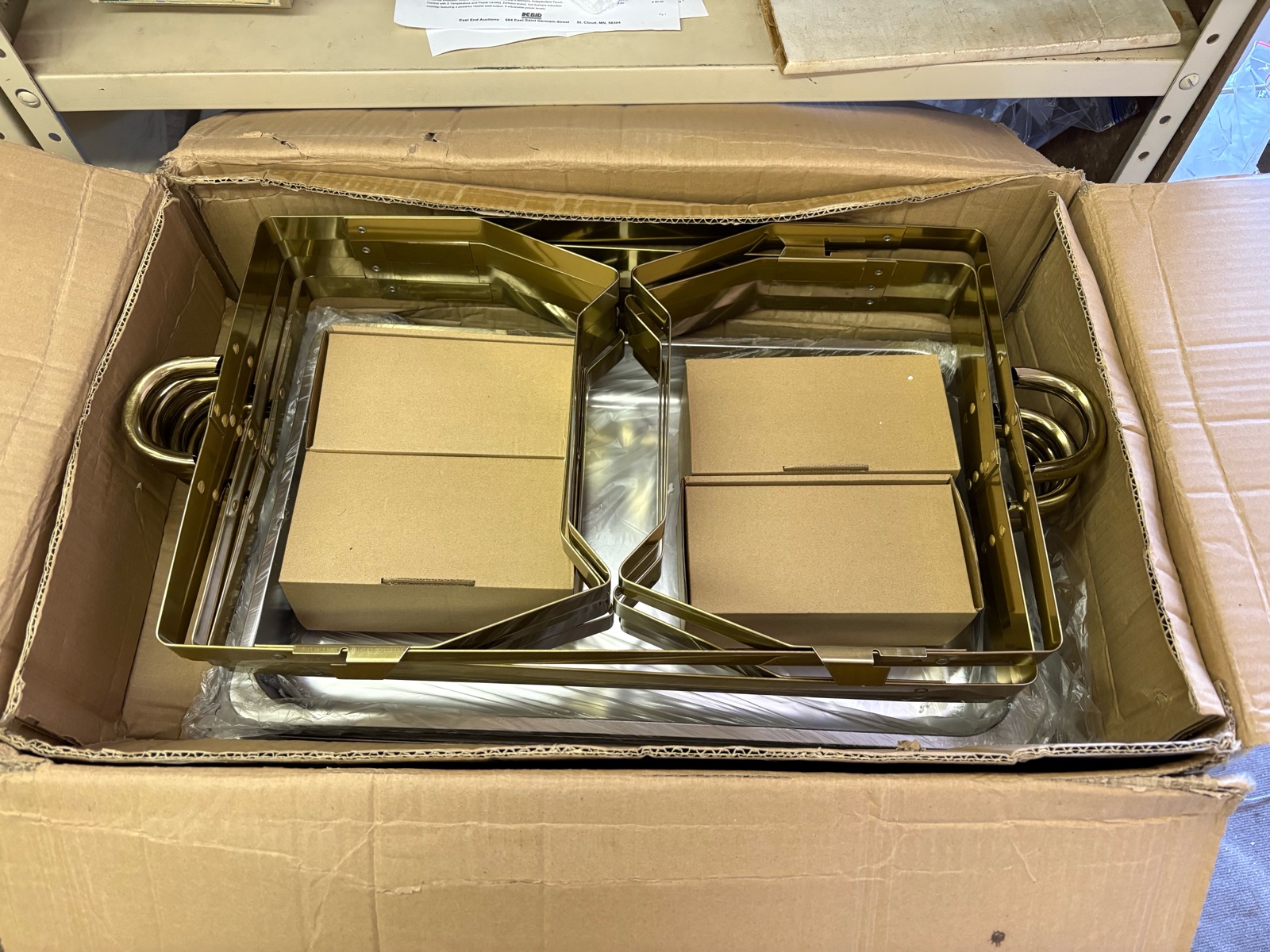 Four Chafing Dish Set for Buffets and Parties, New in Box, Parts Should all Be There, Includes 8 Pans (Enough for Four Sets of Two Where One Pan Holds the Food and Another Holds the Water, and 4 Lids) Also Includes Heat Source Holders That Go Underneath T
