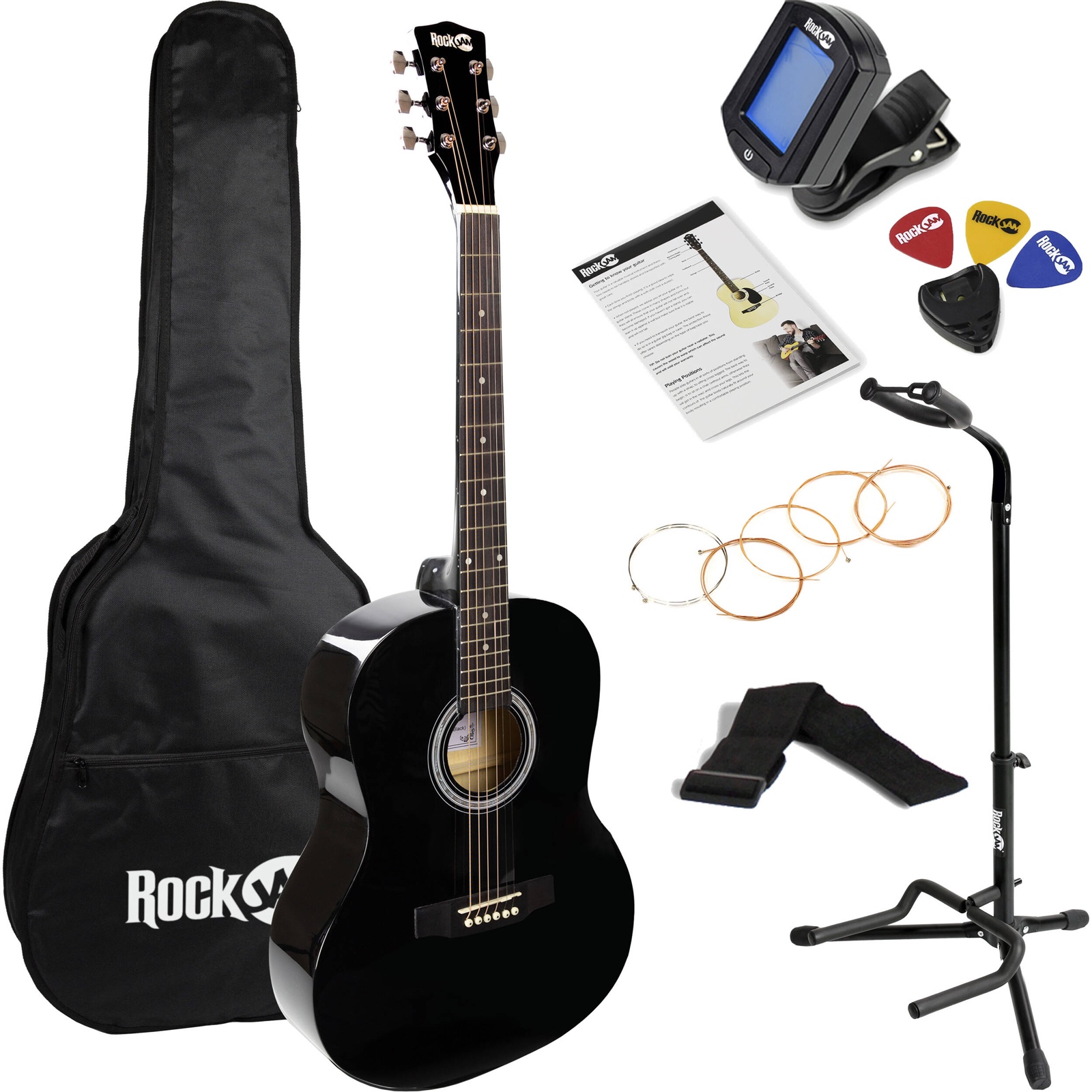 RockJam Full-Sized Acoustic Guitar Kit (Black) Great for Beginners